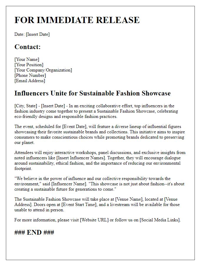 Letter template of press release for influencers involved in a sustainable fashion showcase.