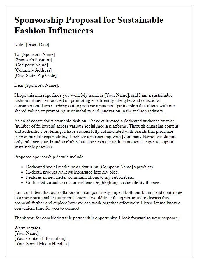 Letter template of sponsorship proposal for sustainable fashion influencers.