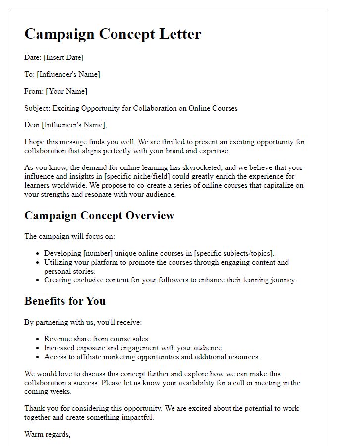 Letter template of campaign concept for influencer-led online courses