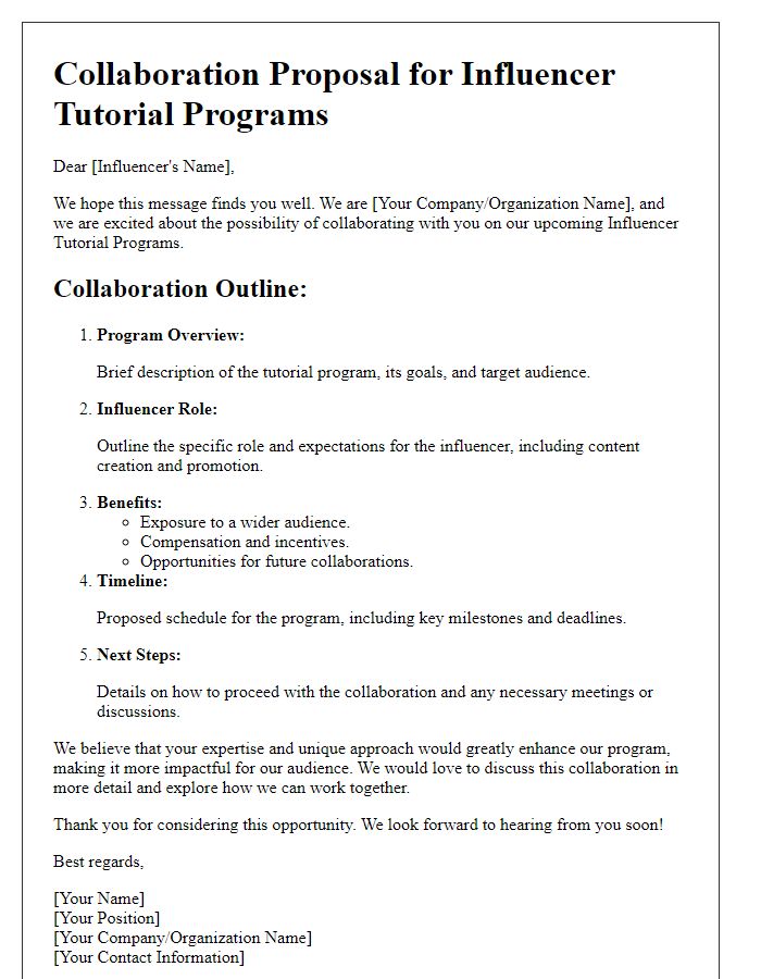 Letter template of collaboration outline for influencer tutorial programs