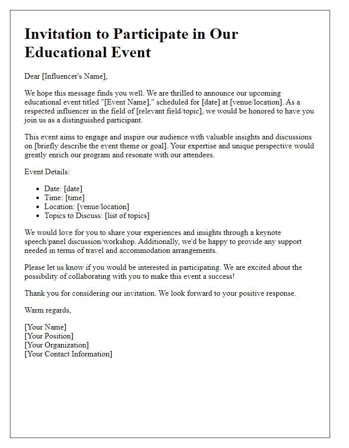 Letter template of invitation for influencer participation in educational events