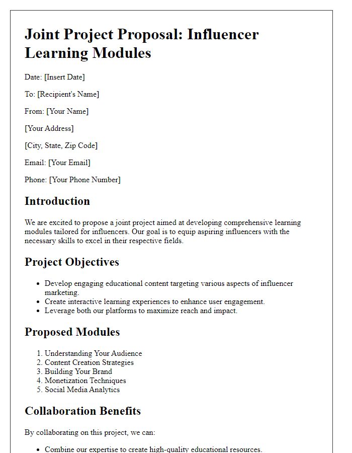 Letter template of joint project suggestion for influencer learning modules