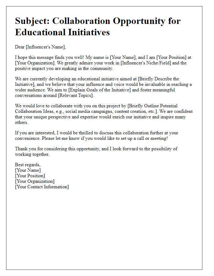 Letter template of outreach for influencer-driven educational initiatives