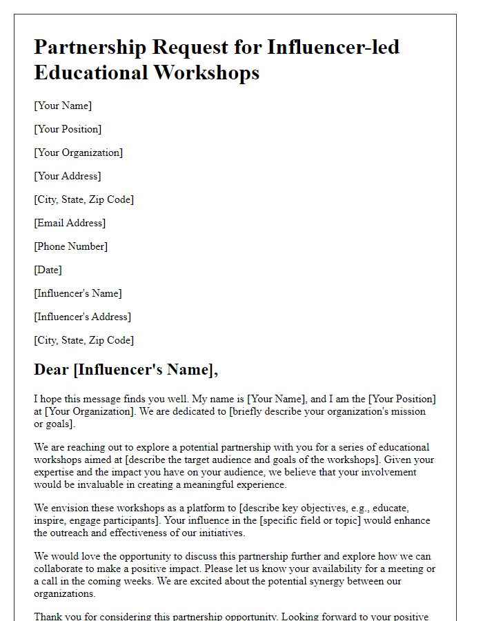 Letter template of partnership request for influencer-led educational workshops