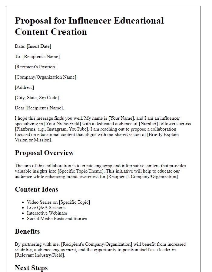 Letter template of proposal for influencer educational content creation