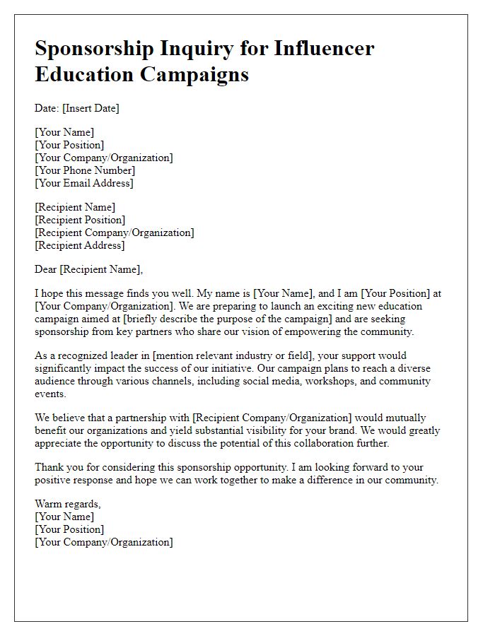 Letter template of sponsorship inquiry for influencer education campaigns