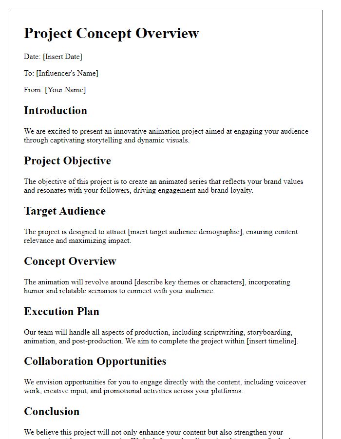 Letter template of influencer animation project concept overview