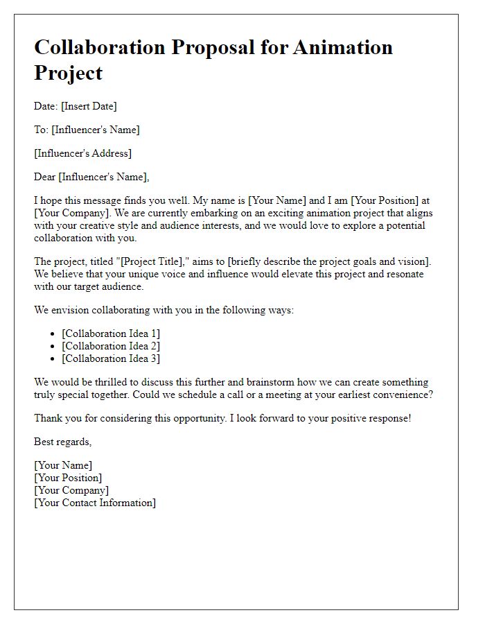 Letter template of influencer animation project creative collaboration