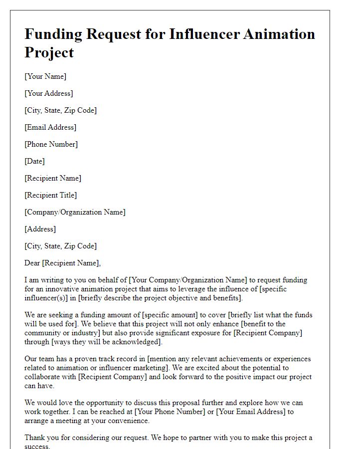 Letter template of influencer animation project funding request