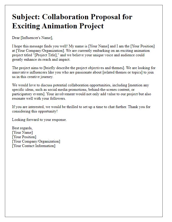 Letter template of influencer animation project outreach initiative