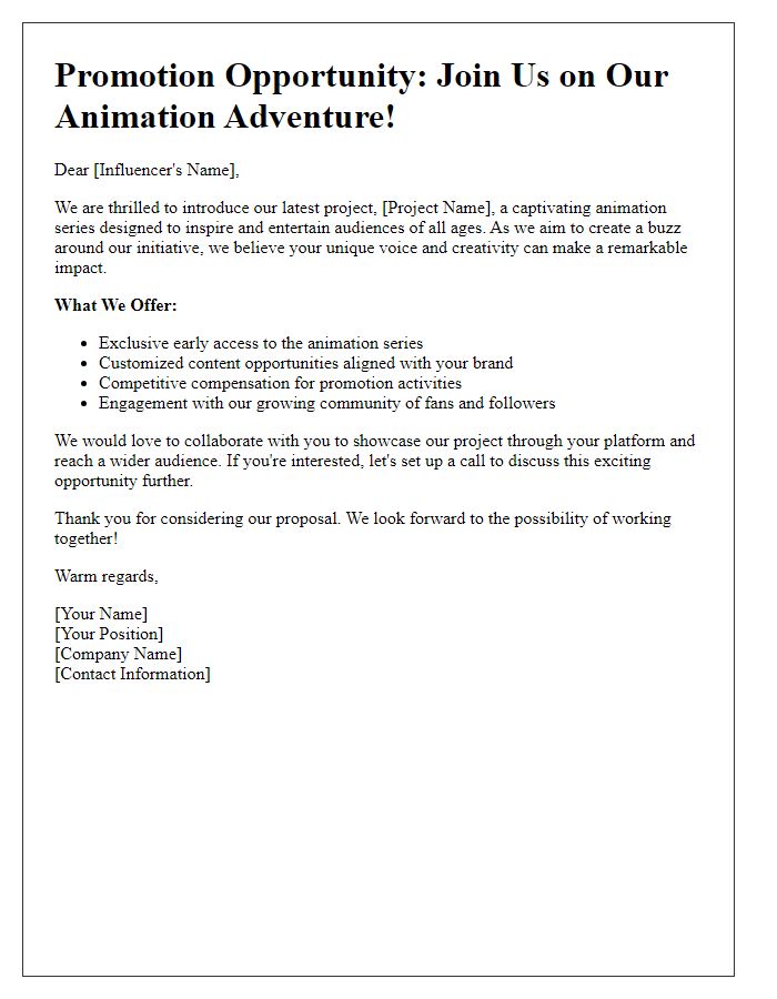 Letter template of influencer animation project promotional offer