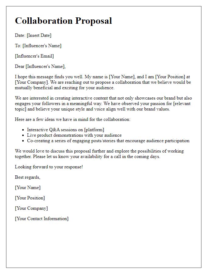 Letter template of collaboration proposal for influencer interactive content creation