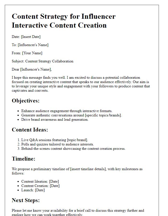 Letter template of content strategy for influencer interactive content creation