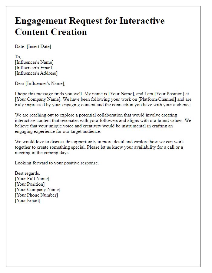 Letter template of engagement request for influencer interactive content creation
