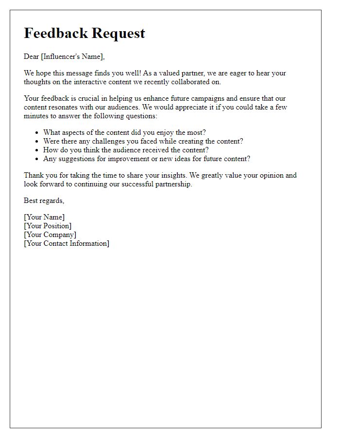 Letter template of feedback request for influencer interactive content creation