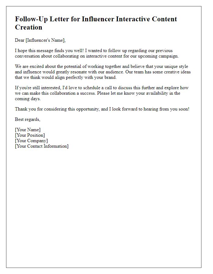 Letter template of follow-up for influencer interactive content creation