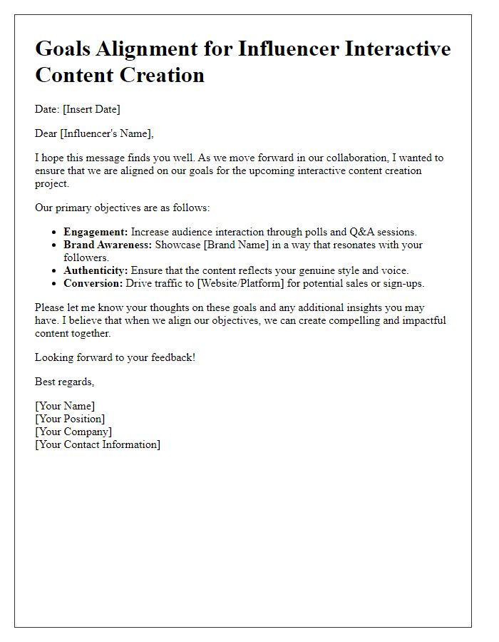 Letter template of goals alignment for influencer interactive content creation
