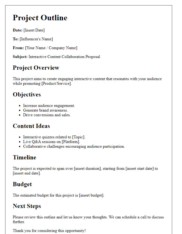 Letter template of project outline for influencer interactive content creation