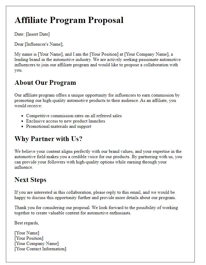 Letter template of affiliate program proposal for automotive influencers