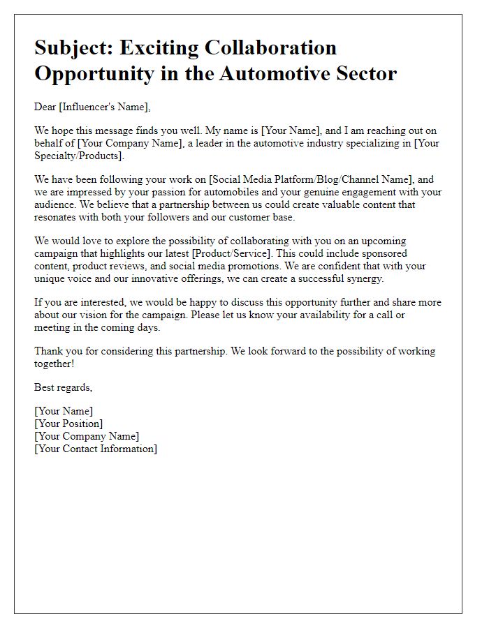 Letter template of influencer engagement opportunity in the automotive sector