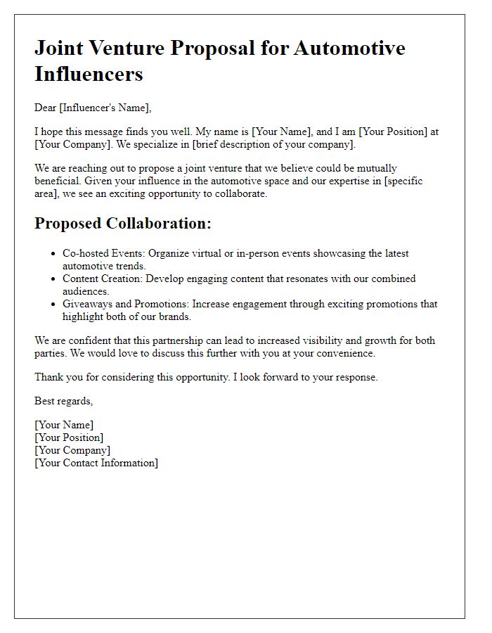 Letter template of joint venture suggestion for automotive influencers