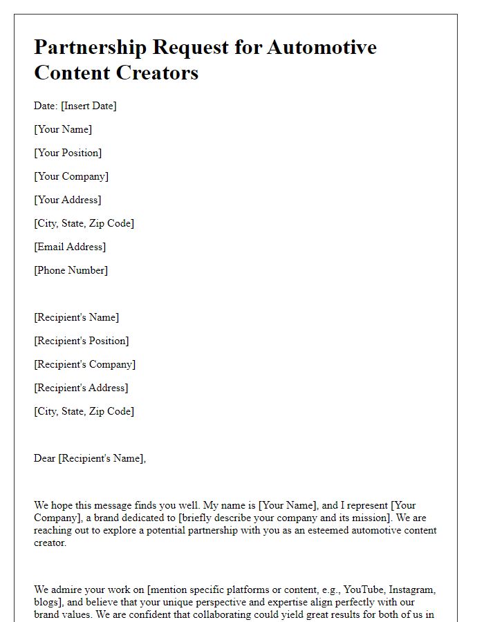 Letter template of partnership request for automotive content creators