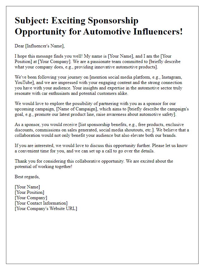 Letter template of sponsorship outreach for automotive influencers