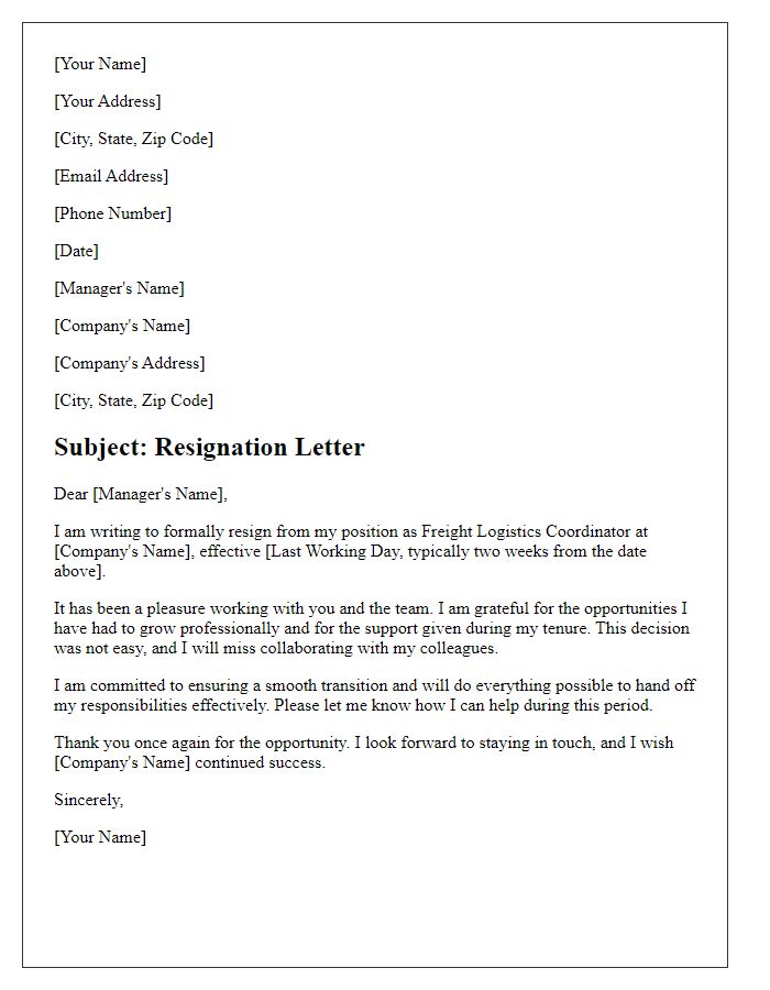 Letter template of resignation for a freight logistics coordinator role.