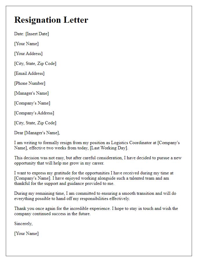 Letter template of resignation from a logistics coordinator position.