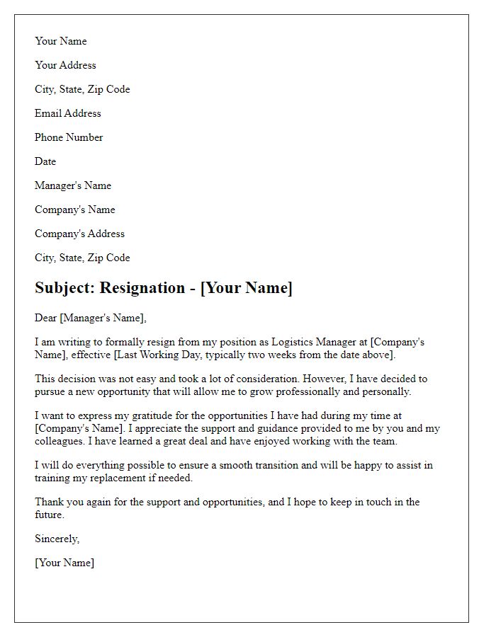 Letter template of resignation from a logistics manager role.