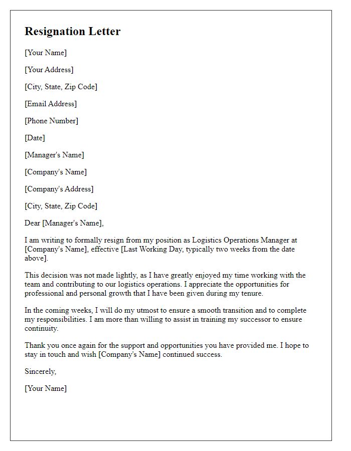 Letter template of resignation for a logistics operations manager role.