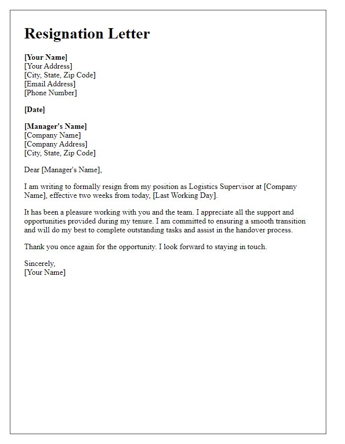 Letter template of resignation for a logistics supervisor job.