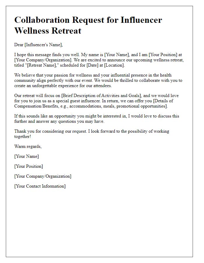 Letter template of collaboration request for influencer wellness retreat