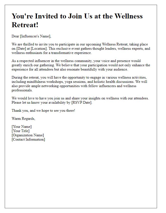 Letter template of influencer participation invitation for wellness retreat