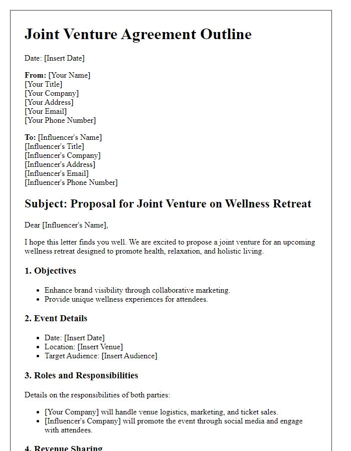 Letter template of joint venture outline for influencer wellness retreat