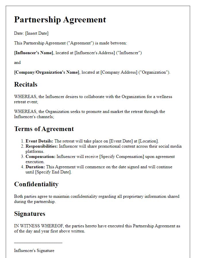 Letter template of partnership agreement for influencer wellness retreat