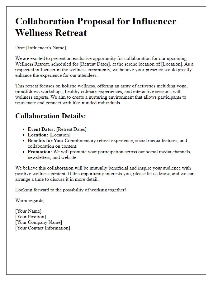 Letter template of promotional collaboration for influencer wellness retreat