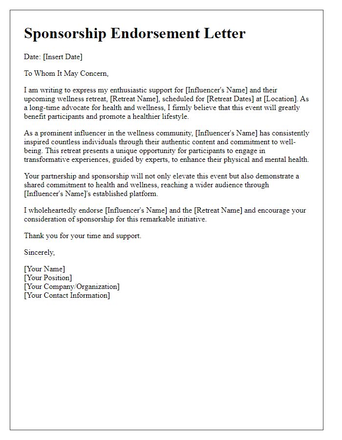 Letter template of sponsorship endorsement for influencer wellness retreat