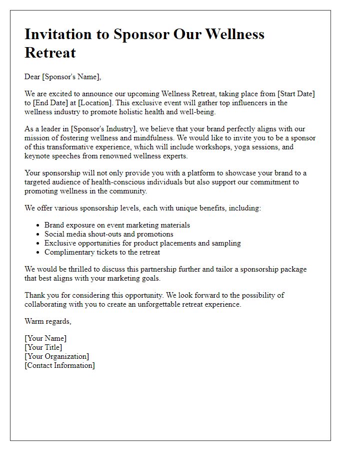 Letter template of sponsorship invitation for influencer wellness retreat