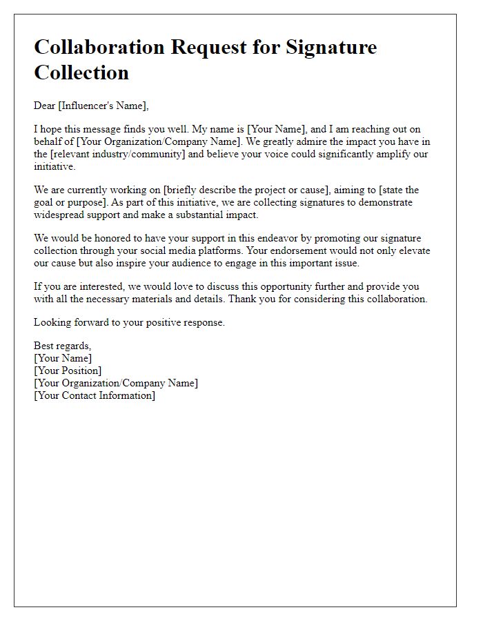 Letter template of collaboration request for influencer signature collection.