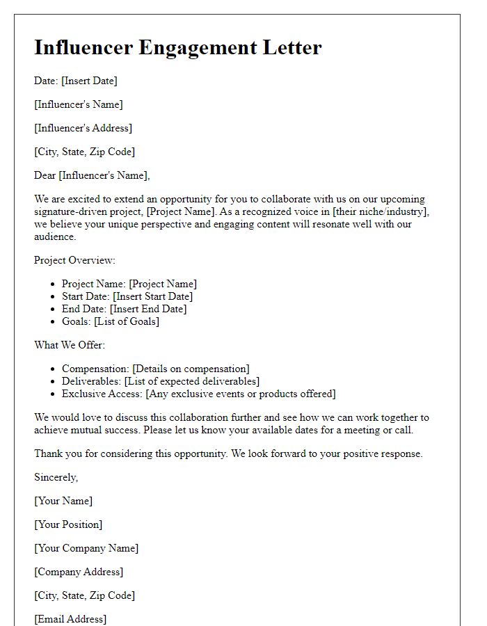 Letter template of influencer engagement for signature-driven project.