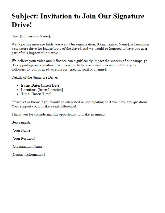 Letter template of influencer participation invitation for signature drive.