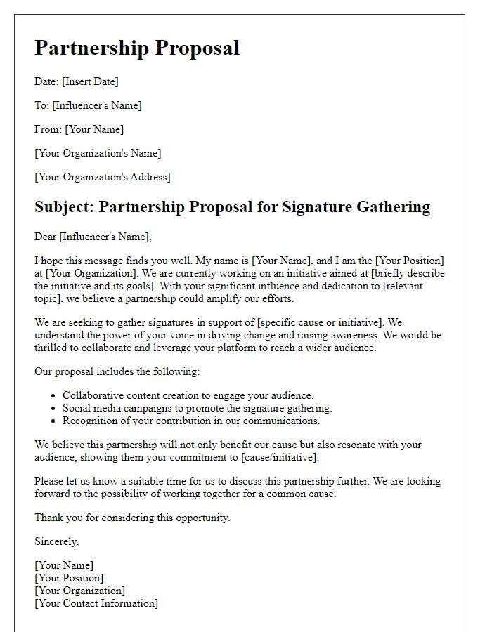 Letter template of partnership proposal with influencers for signature gathering.