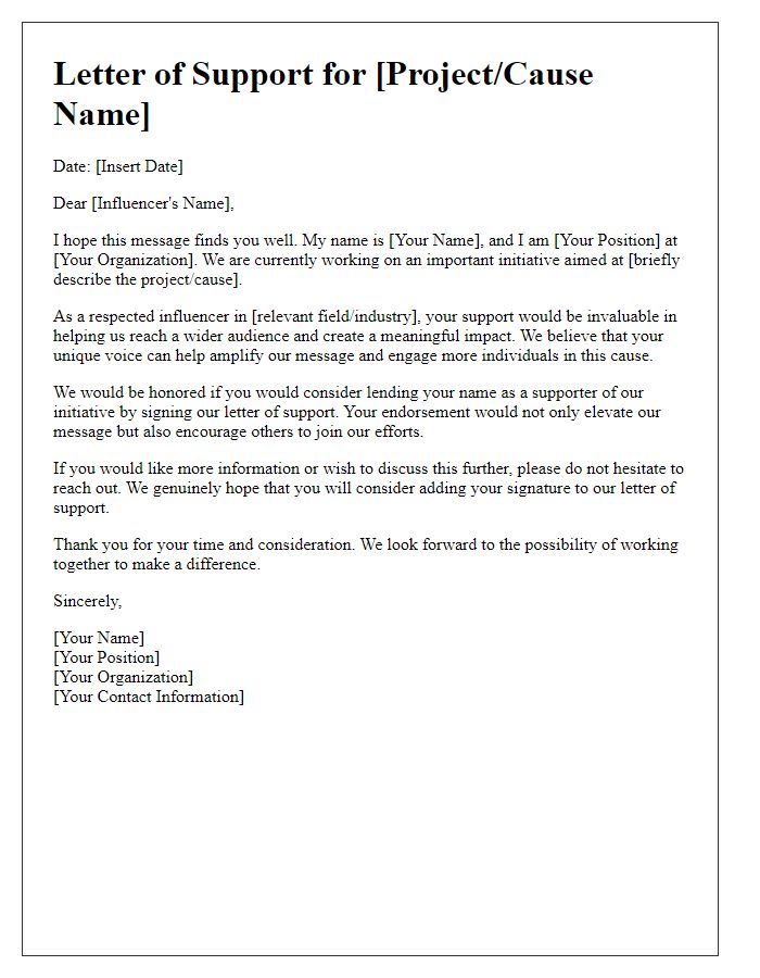 Letter template of presentation to influencers for signature support.