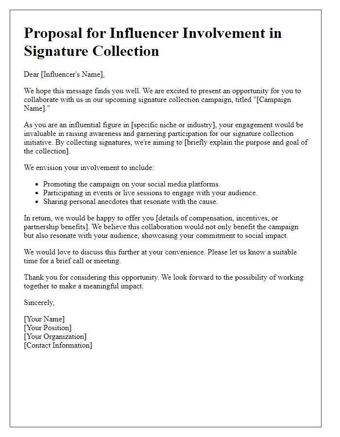 Letter template of proposal for influencer involvement in signature collection.