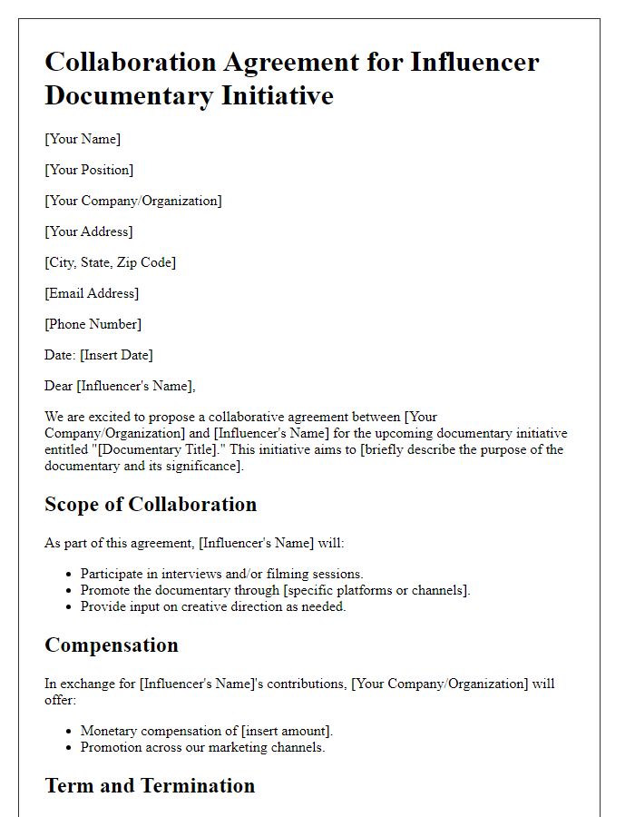 Letter template of collaboration agreement for influencer documentary initiative.