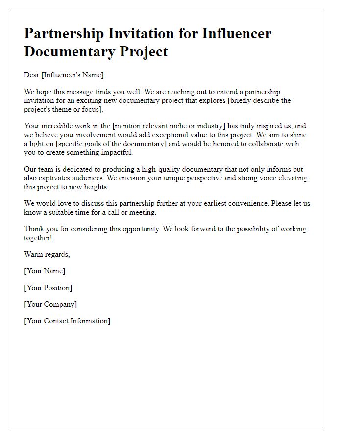 Letter template of partnership invitation for influencer documentary project.