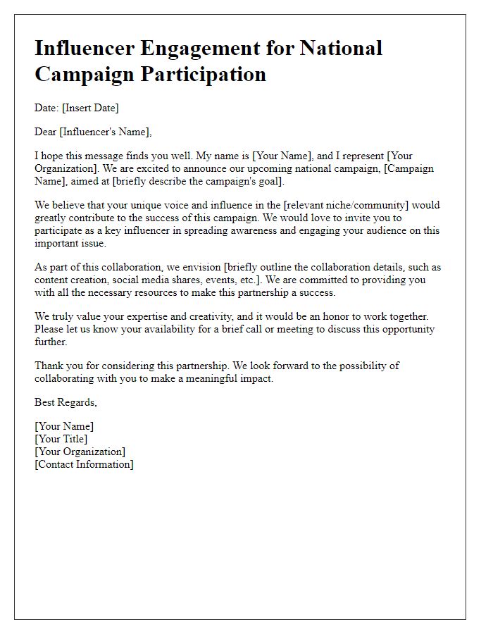 Letter template of influencer engagement for national campaign participation