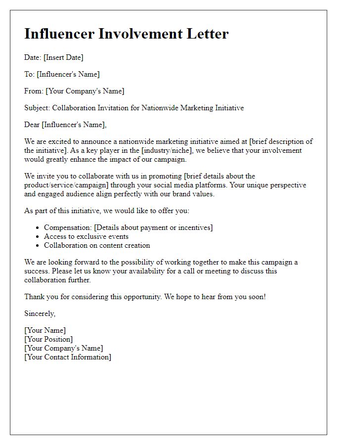 Letter template of influencer involvement in nationwide marketing initiative