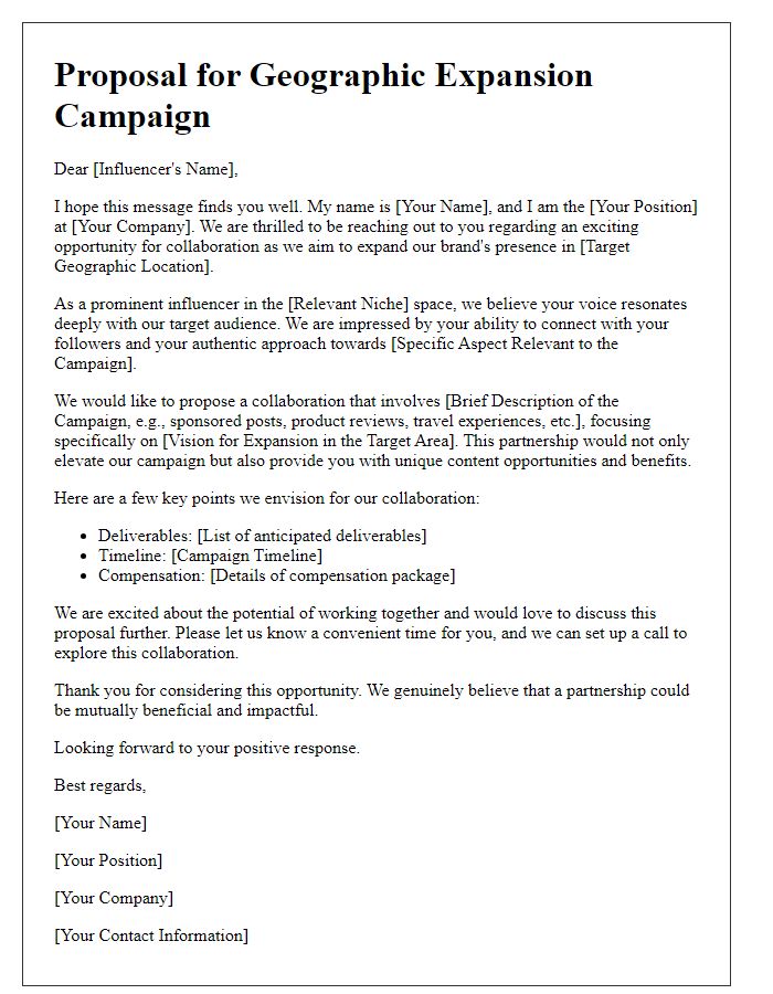 Letter template of influencer proposal for geographic expansion campaign